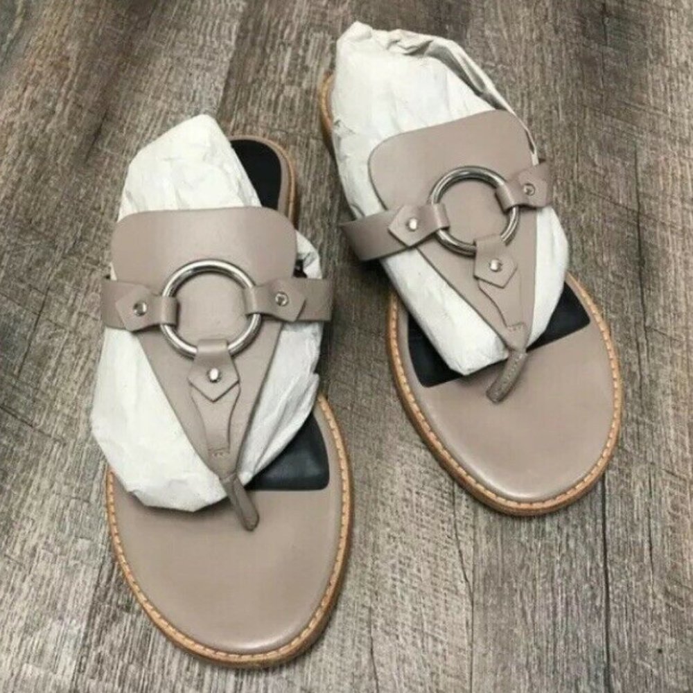 Rebecca Minkoff Sheena T-strap Beige O-Ring Slides - Picture 2 of 8
